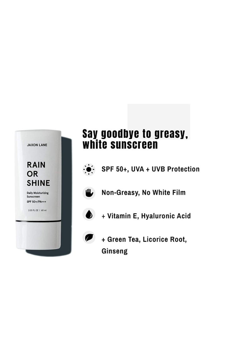 RAIN OR SHINE Anti Aging Face Sunscreen SPF 50 for Clear Skin with Green Tea, Hyaluronic Acid, Vitamin E Oil, Ginseng Extract, Licorice Root – SPF Moisturizer for Face, Fragrance Free 2.03 Oz