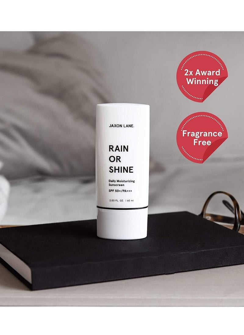 RAIN OR SHINE Anti Aging Face Sunscreen SPF 50 for Clear Skin with Green Tea, Hyaluronic Acid, Vitamin E Oil, Ginseng Extract, Licorice Root – SPF Moisturizer for Face, Fragrance Free 2.03 Oz