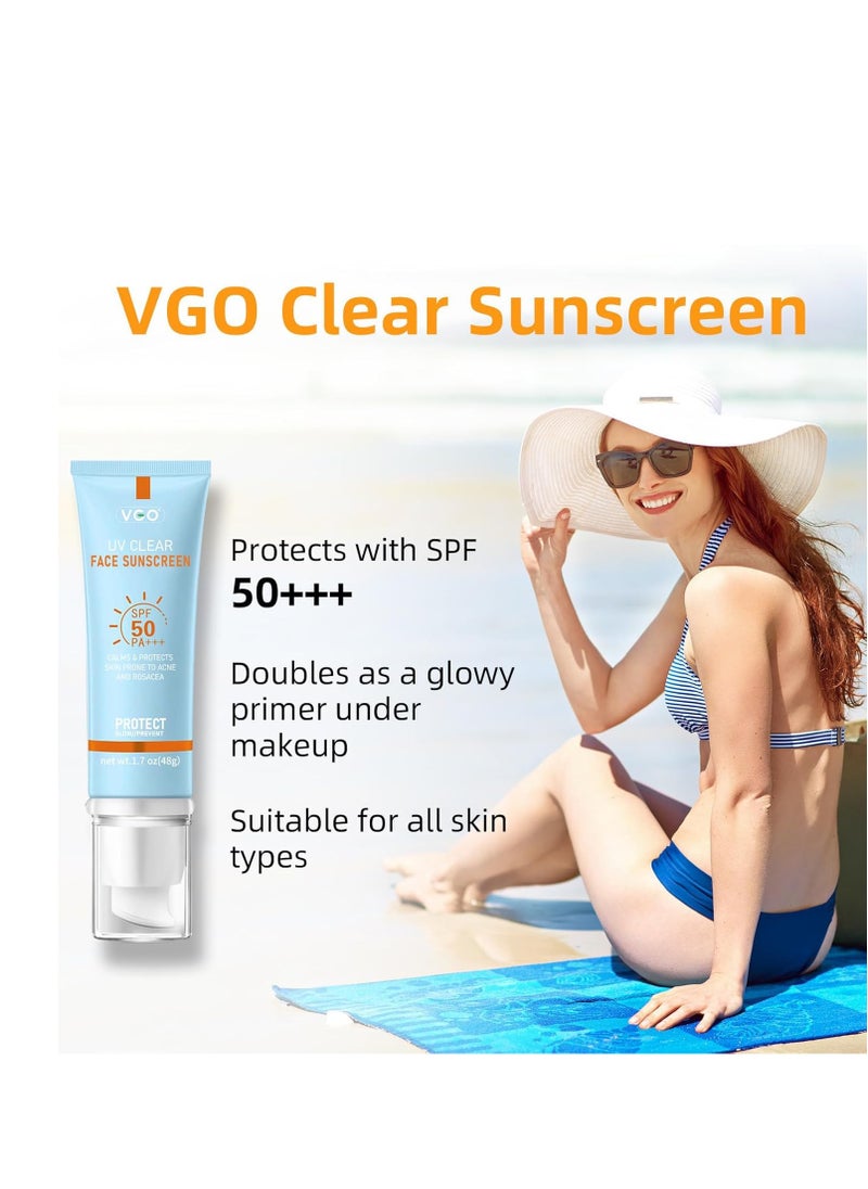 VGO Clear Face Sunscreen SPF 50, Hydrating Sun Essence Face Sunscreen Leaves No Sticky Feeling Travel Size Sunscreen Against UVA and UVB Rays 50ml / 1.7oz