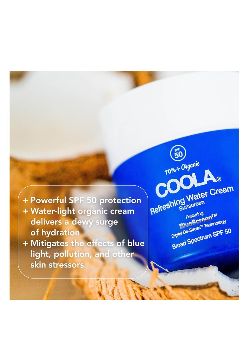 COOLA Organic Refreshing Water Cream Face Moisturizer with SPF 50, Dermatologist Tested Face Sunscreen with Plant-Derived BlueScreen Digital De-Stress Technology, 1.5 Fl Oz