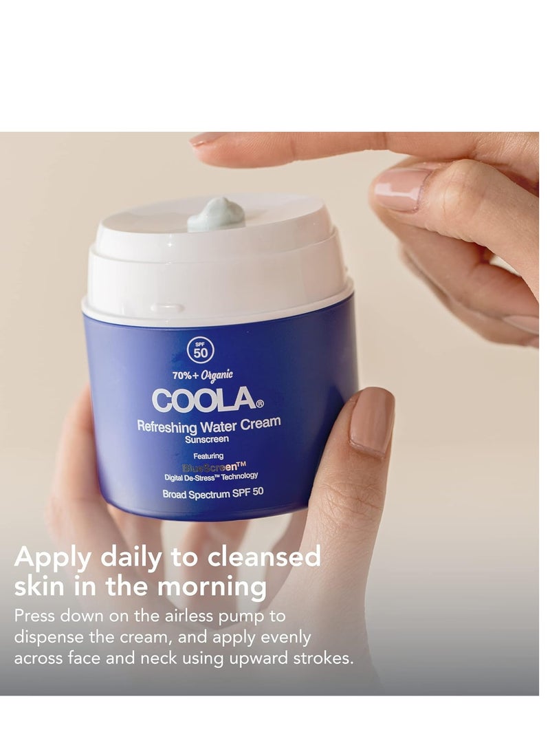 COOLA Organic Refreshing Water Cream Face Moisturizer with SPF 50, Dermatologist Tested Face Sunscreen with Plant-Derived BlueScreen Digital De-Stress Technology, 1.5 Fl Oz