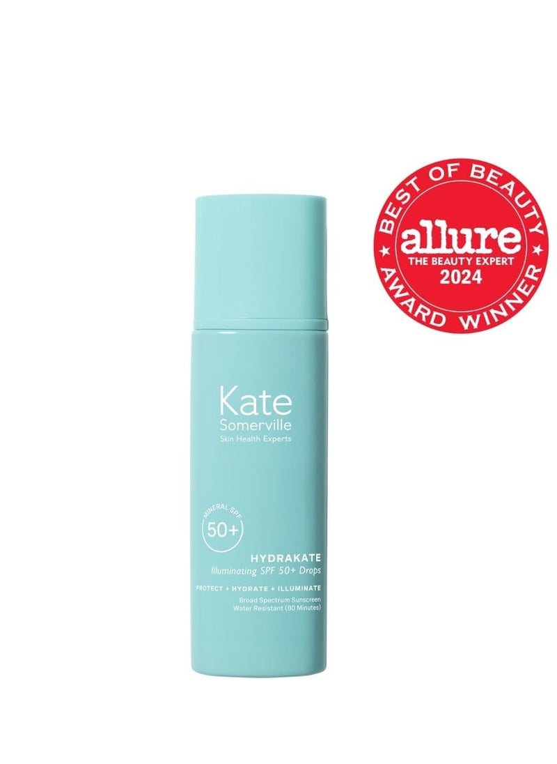 Kate Somerville HydraKate Illuminating Sunscreen Drops for face with 50+ SPF, Zinc Oxide and Mineral Tinted, Moisturizing and Anti-Aging, 1.7 Fl. Oz