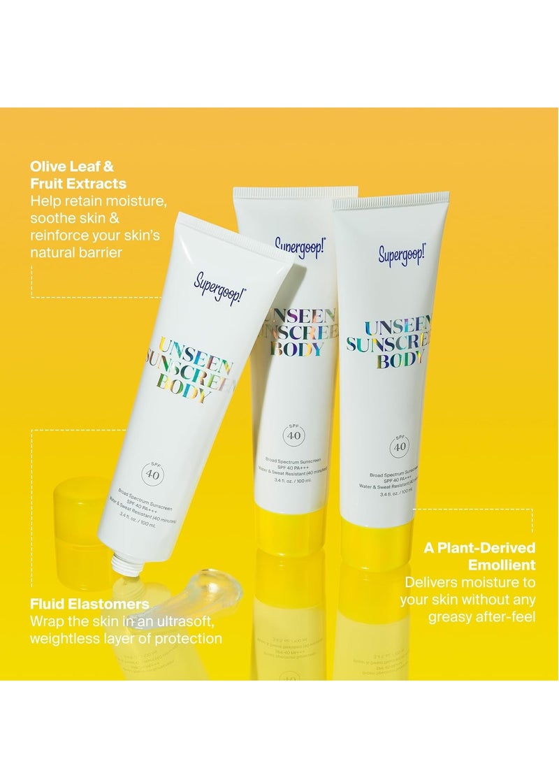 Supergoop! Unseen Sunscreen Body SPF 40 - Invisible Sun Protection - 3.4 fl oz - Weightless & Scentless - Water & Sweat Resistant - For All Skin Types