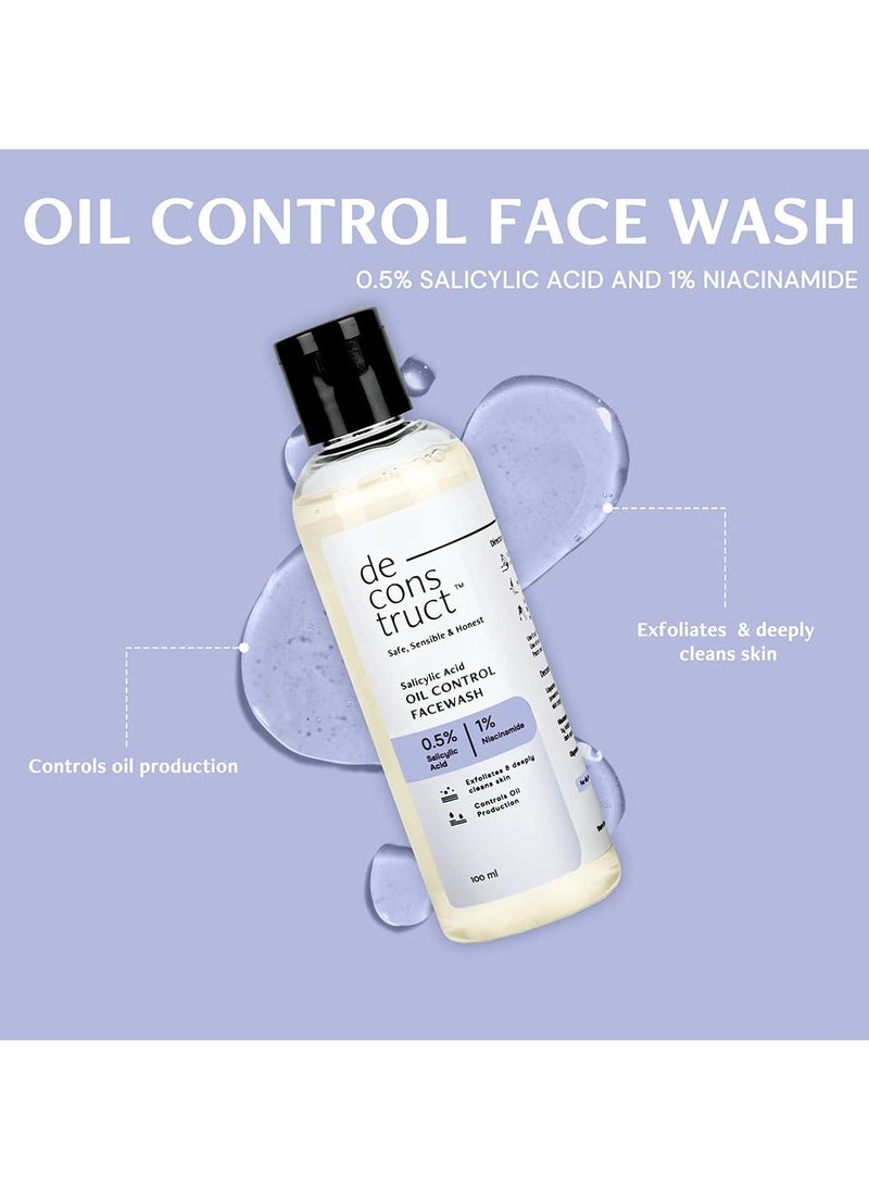 Deconstruct Oily Skin Essentials: Salicylic Oil Control Face Wash Cleanser & SPF 50+ Gel Sunscreen | Oil Control Face Wash (100ml) and Gel Sunscreen (50g) | No White Cast Gel Sunscreen and FaceWash Removes dirt | Pack of 2