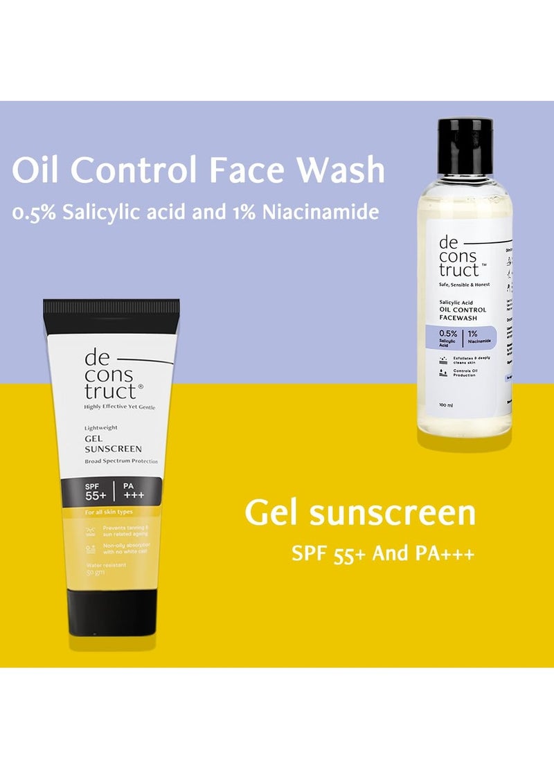 Deconstruct Oily Skin Essentials: Salicylic Oil Control Face Wash Cleanser & SPF 50+ Gel Sunscreen | Oil Control Face Wash (100ml) and Gel Sunscreen (50g) | No White Cast Gel Sunscreen and FaceWash Removes dirt | Pack of 2