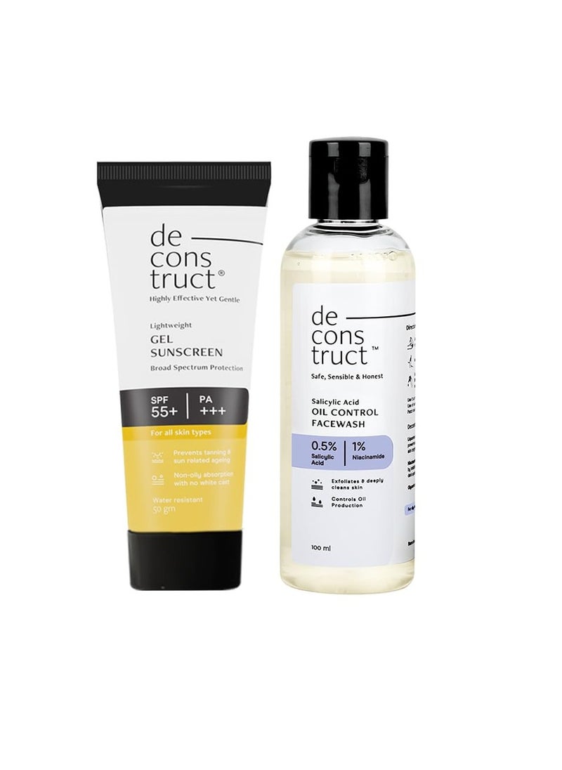 Deconstruct Oily Skin Essentials: Salicylic Oil Control Face Wash Cleanser & SPF 50+ Gel Sunscreen | Oil Control Face Wash (100ml) and Gel Sunscreen (50g) | No White Cast Gel Sunscreen and FaceWash Removes dirt | Pack of 2