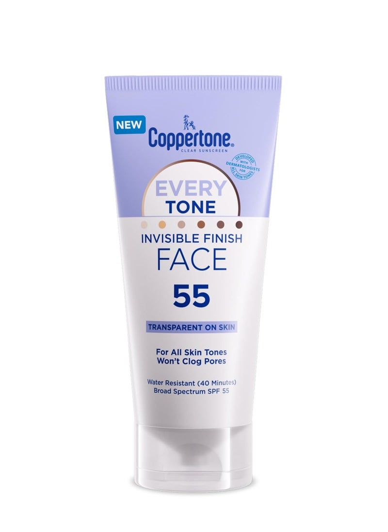 Coppertone Every Tone Invisible Finish Face Sunscreen Lotion SPF 55, Lightweight, Blends in Clear Sunscreen for All Skin Tones, 2 Fl Oz Tube