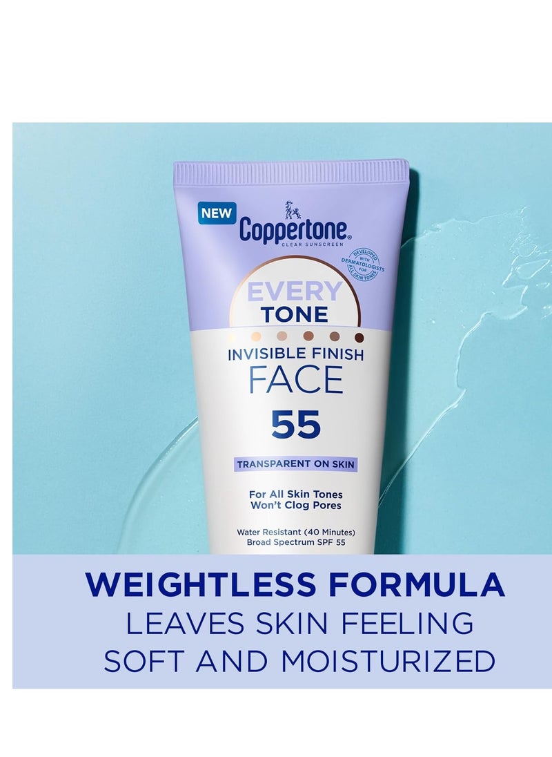 Coppertone Every Tone Invisible Finish Face Sunscreen Lotion SPF 55, Lightweight, Blends in Clear Sunscreen for All Skin Tones, 2 Fl Oz Tube