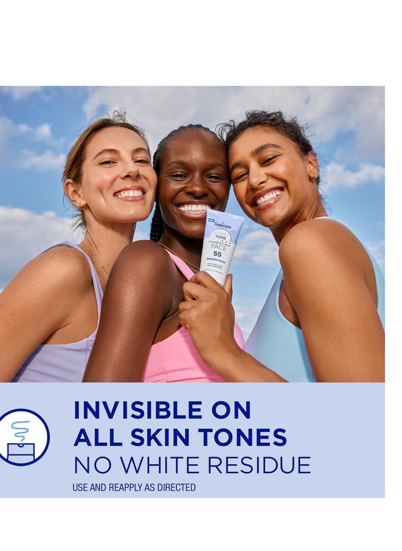 Coppertone Every Tone Invisible Finish Face Sunscreen Lotion SPF 55, Lightweight, Blends in Clear Sunscreen for All Skin Tones, 2 Fl Oz Tube