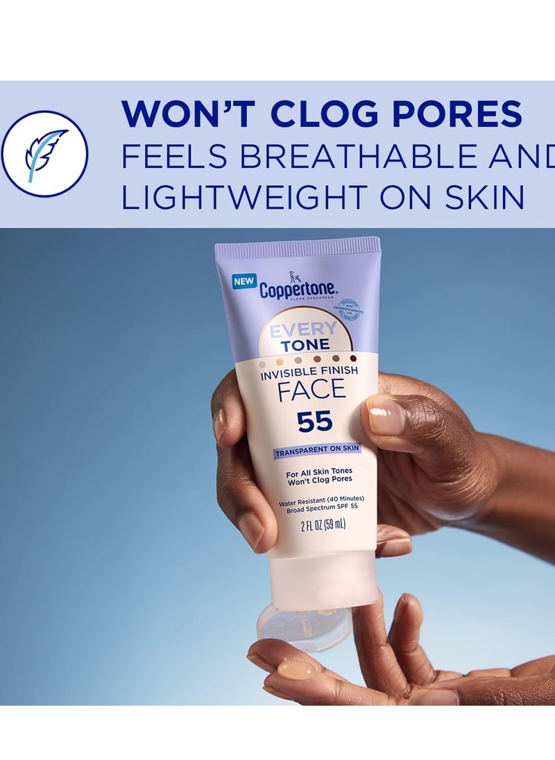 Coppertone Every Tone Invisible Finish Face Sunscreen Lotion SPF 55, Lightweight, Blends in Clear Sunscreen for All Skin Tones, 2 Fl Oz Tube