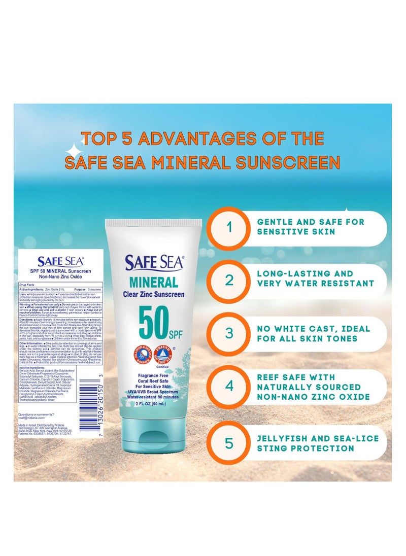 Safe Sea Zinc Oxide Sunscreen SPF50 | Clear Mineral Face Sunscreen Without White Cast | Anti-Jellyfish Sting Protective Lotion | 2Oz (60ml), Pack of 1 (2 Fl Oz (Pack of 1))