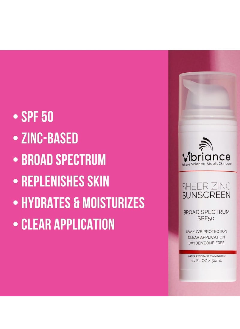 Vibriance Sheer Zinc Face Sunscreen SPF 50 - Sensitive Skin Friendly, Skin Rejuvenation, Clear Zinc Oxide Sunscreen, Face & Neck, Broad Spectrum - 1.7 fl oz (50 ml)