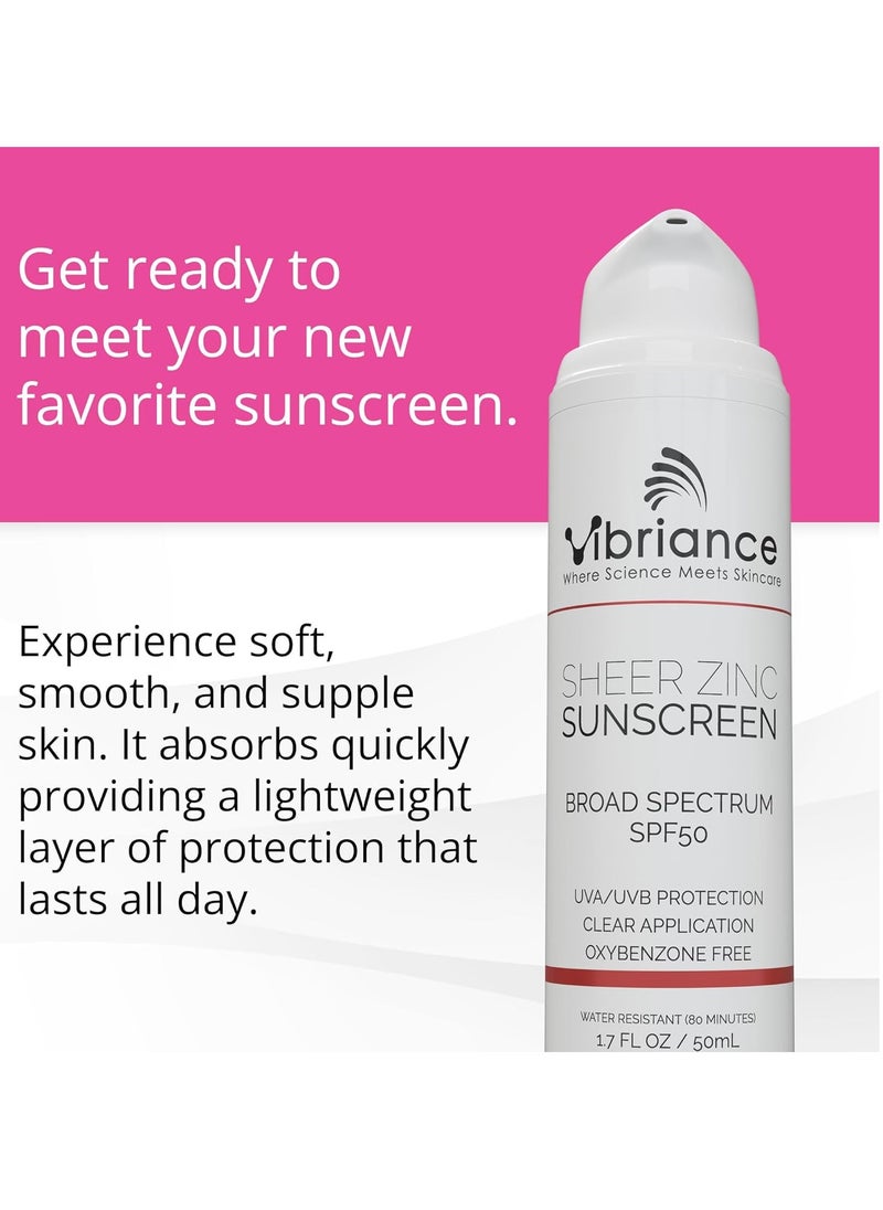 Vibriance Sheer Zinc Face Sunscreen SPF 50 - Sensitive Skin Friendly, Skin Rejuvenation, Clear Zinc Oxide Sunscreen, Face & Neck, Broad Spectrum - 1.7 fl oz (50 ml)