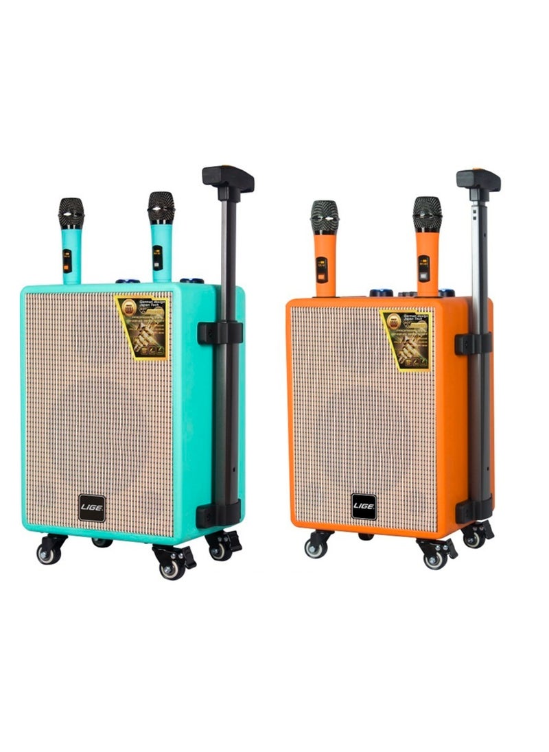 RECHARGABLE  8 INCH SPEAKER TROLLY AND WEHEELS WITH BLUETOOTH USB SD CARD READER WITH 2 WIRELESS MICROPHONES AVAILABLE IN 2 COLORS GREEN AND ORANGE