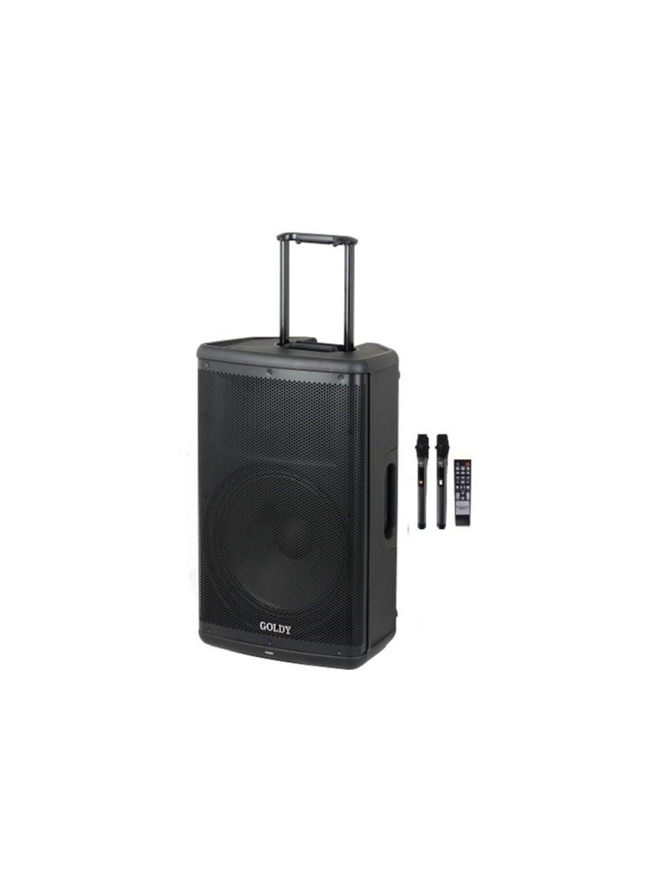 RECHARGABLE 15 INCH SPEAKER WITH TROLLY AND WHEELS WITH BLUETOOTH USB SD CARD READER WITH 2 WIRELESS MICROPHONE WITH SUPER SOUND QUALITY