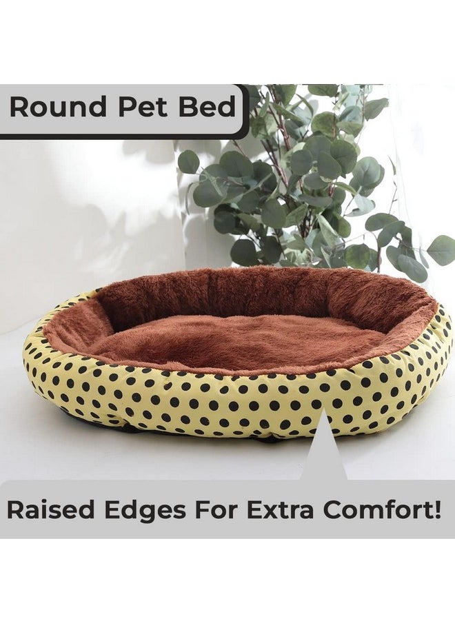 Dog & Cat Bed|Soft Plush Top Pet Bed|Oxford Cloth With High-Quality Polyester Filling|Medium Washable Dog Bed|Circular Cat Bed With Rise-Edge Pillow|Qy039Yc-M|Yellow & Coffee