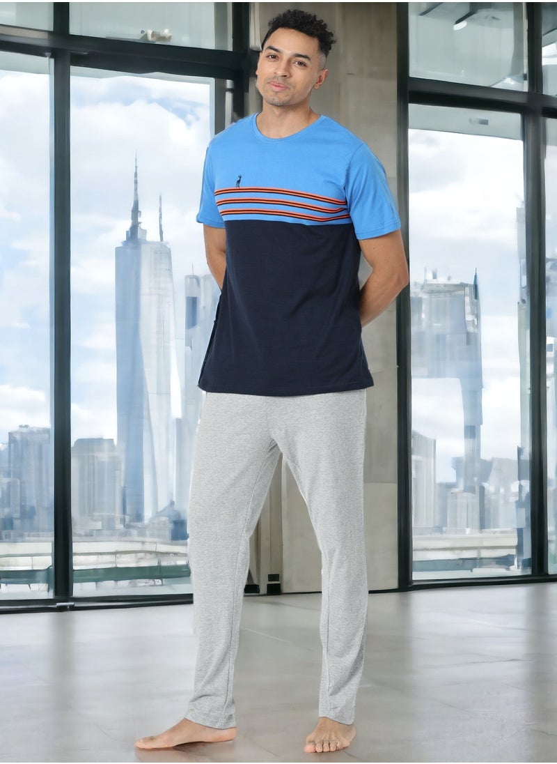 Men's Cotton Pyjama Sets with Round Neck T-shirt in Blue and Grey long pants