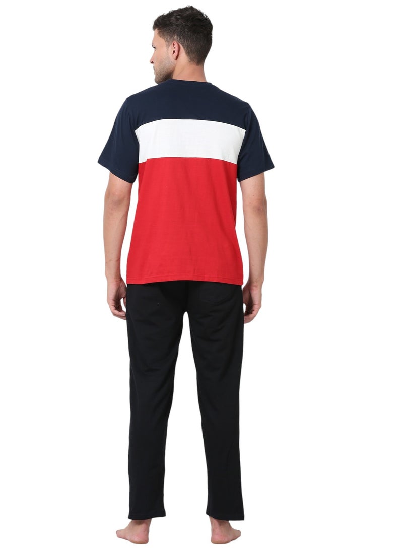 Men's Cotton Pyjama Sets with Round Neck T-shirt in Red with Navy long pants