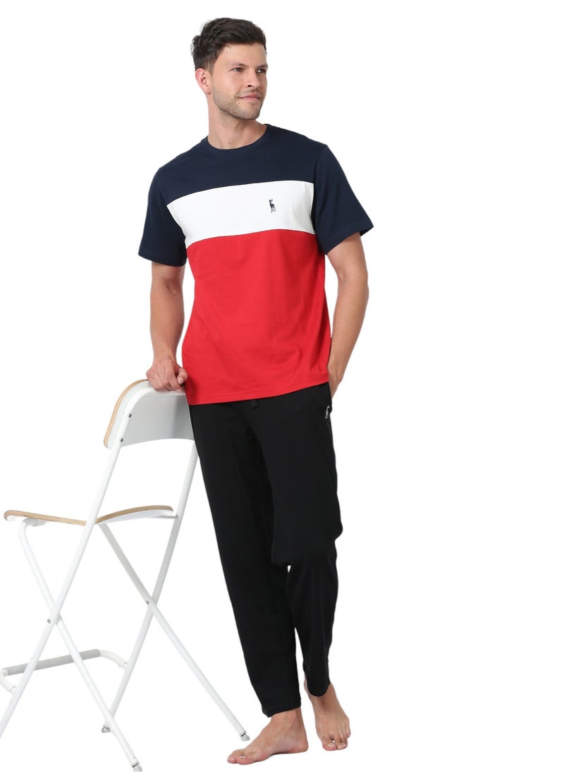 Men's Cotton Pyjama Sets with Round Neck T-shirt in Red with Navy long pants