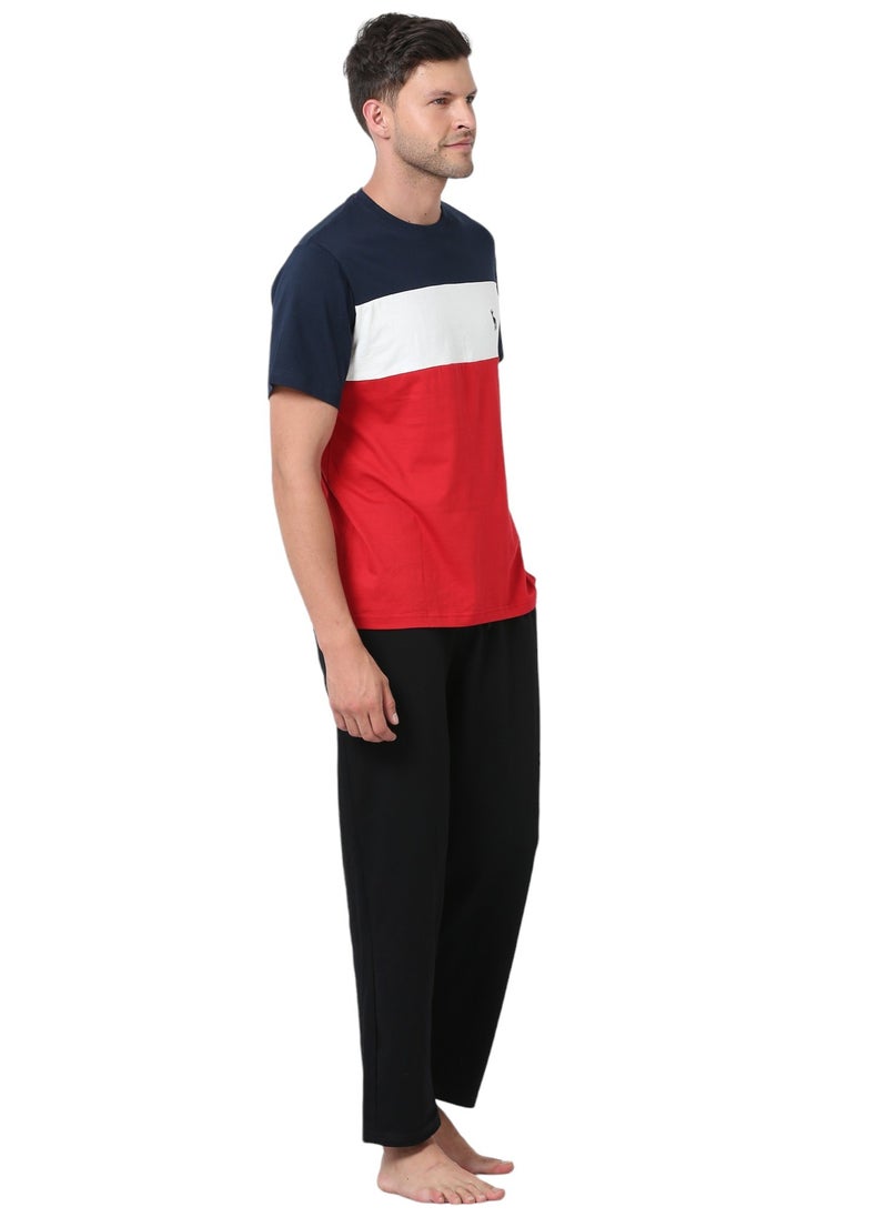 Men's Cotton Pyjama Sets with Round Neck T-shirt in Red with Navy long pants