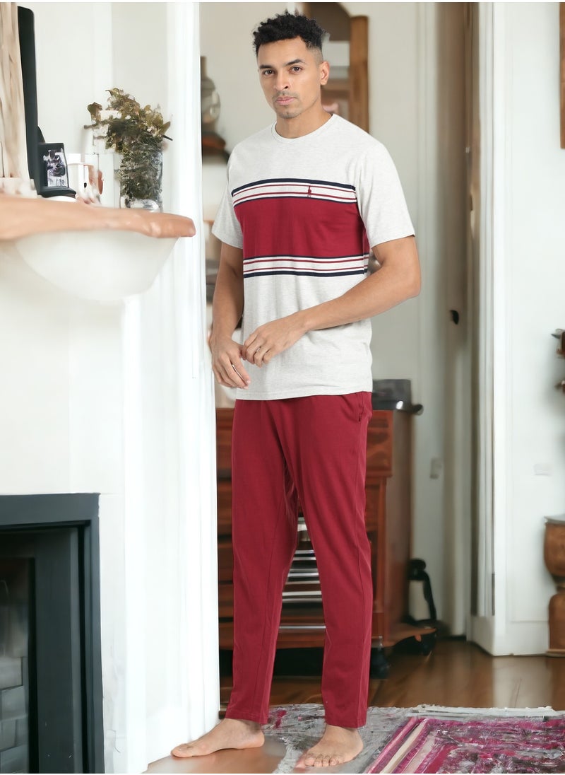 Men's Cotton Pyjama Sets with Round Neck T-shirt in Red and Beige and with long pants