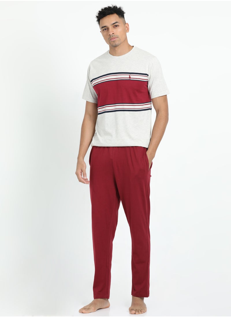 Men's Cotton Pyjama Sets with Round Neck T-shirt in Red and Beige and with long pants