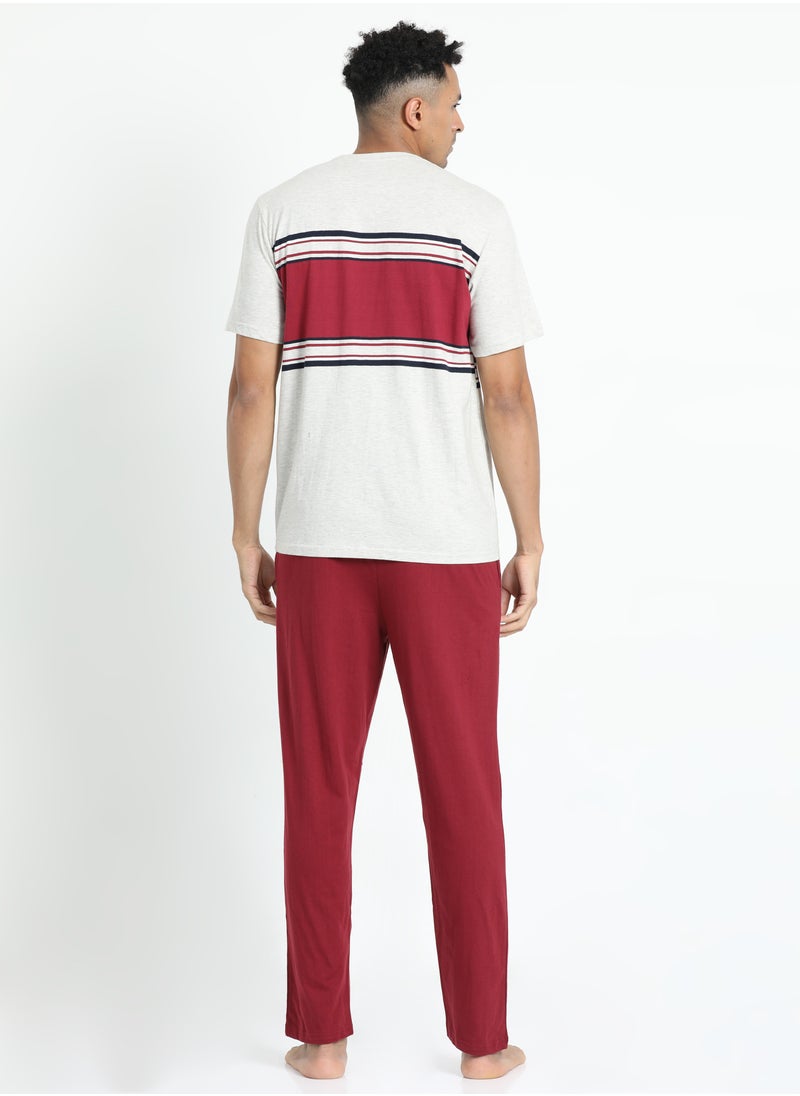 Men's Cotton Pyjama Sets with Round Neck T-shirt in Red and Beige and with long pants