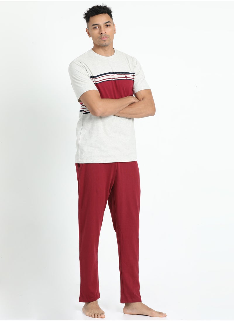 Men's Cotton Pyjama Sets with Round Neck T-shirt in Red and Beige and with long pants