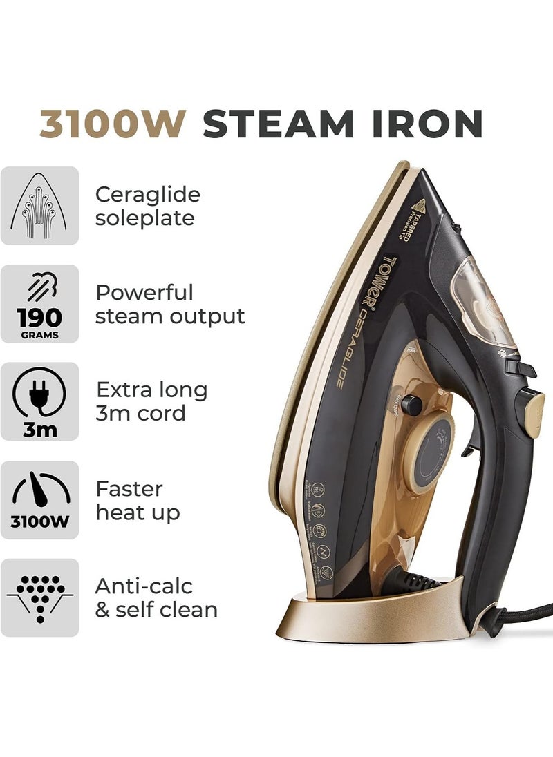 Tower T22021GLD Ceraglide Steam Iron with Fast Heat Up, Extra Long 3 Metre Power Cord, 3100W, Black and Gold