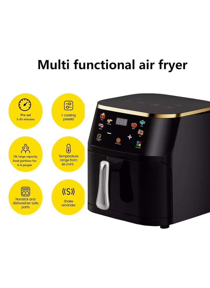 Multifunctional Air Fryer 10L,1600W with Preset Functions, Temperature Control, Dishwasher Safe, Oil Free Cooking, Black Air Fryer for Frying, Baking, Roasting, and Grilling