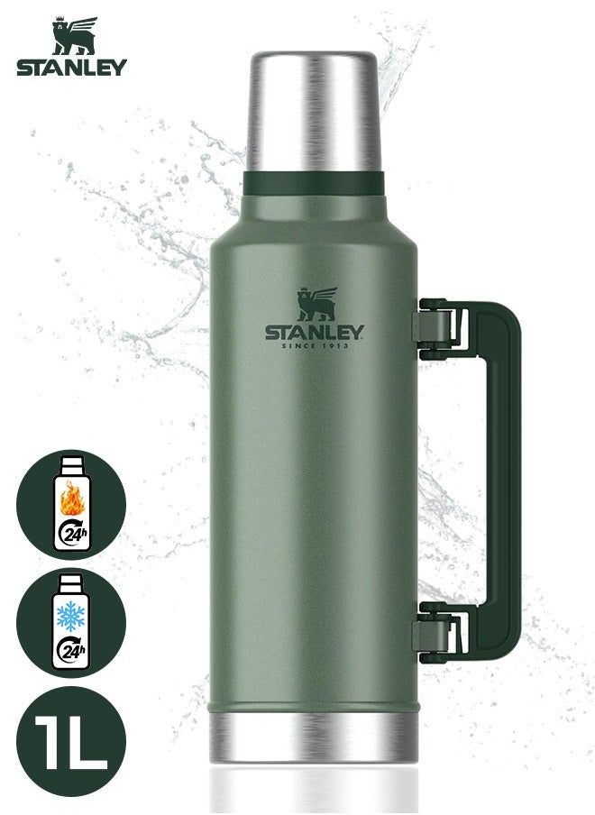 Stanley Legendary Classic Vacuum Insulated Bottle 1l, Leakproof, Durable Stainless Steel Thermos with Lid and a Cup, Perfect for Camping, Hiking and Everyday Use, Keeps Beverages Hot or Cold for Extended Periods, Green