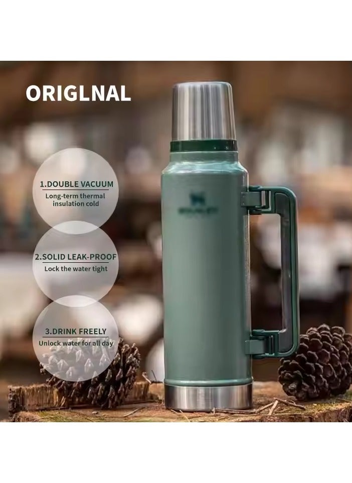 Stanley Legendary Classic Vacuum Insulated Bottle 1l, Leakproof, Durable Stainless Steel Thermos with Lid and a Cup, Perfect for Camping, Hiking and Everyday Use, Keeps Beverages Hot or Cold for Extended Periods, Green