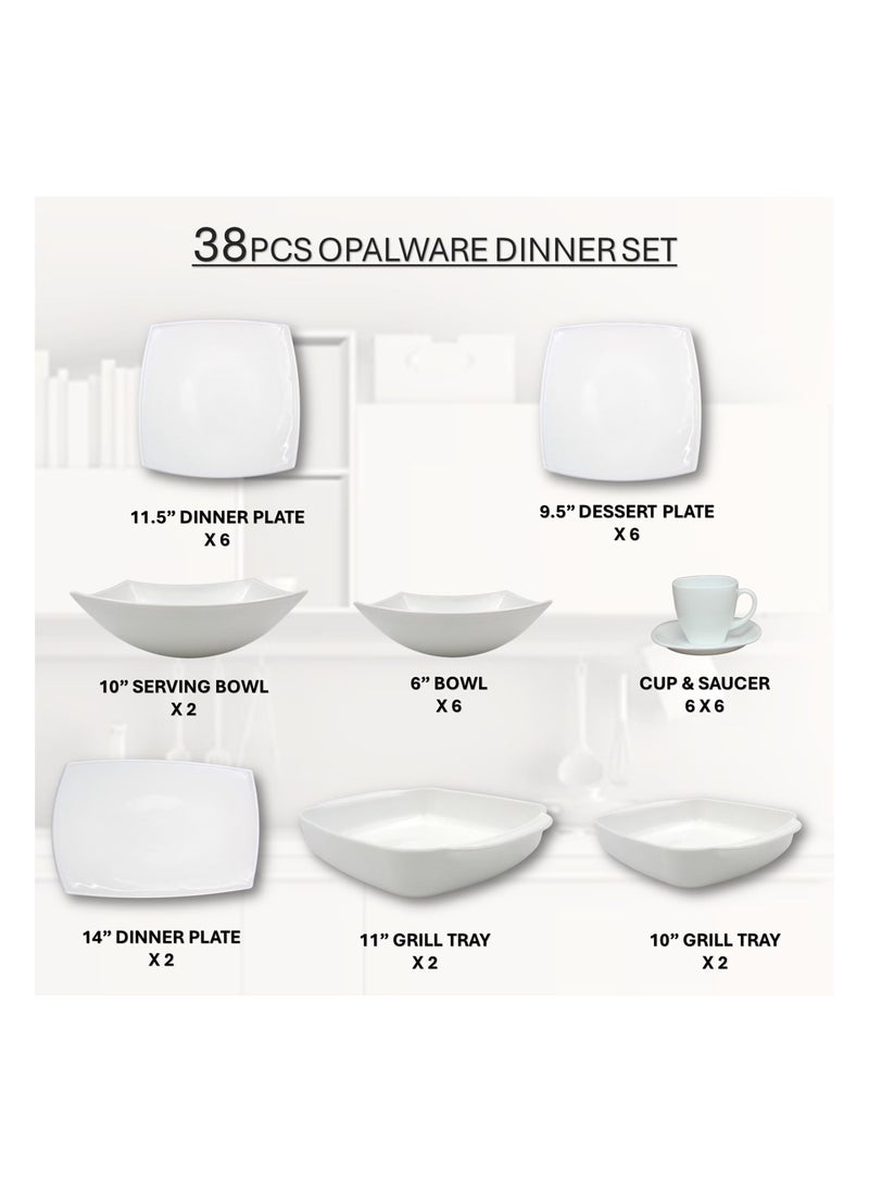 Melrich 38 Pcs Opal ware Dinner set 6 Dinner plate 6 Dessert plate 6 Bowl 2 Serving plate 2 Serving Bowl 4 Chicken  Fish Grill Tray 6 Cup 6 Saucer Dishwasher Microwave Safe