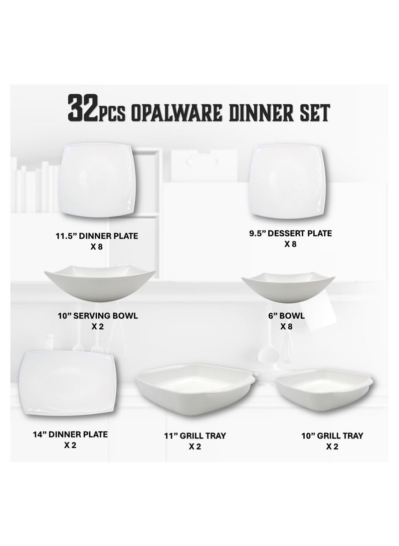 Melrich 32 Piece Square Opalware Dinnerware set 8 Dinner plate 8 Dessert plate 8 Bowls 2 Serving bowl 2 Serving plate 2 Fish gril tray 2 Chicken grill tray