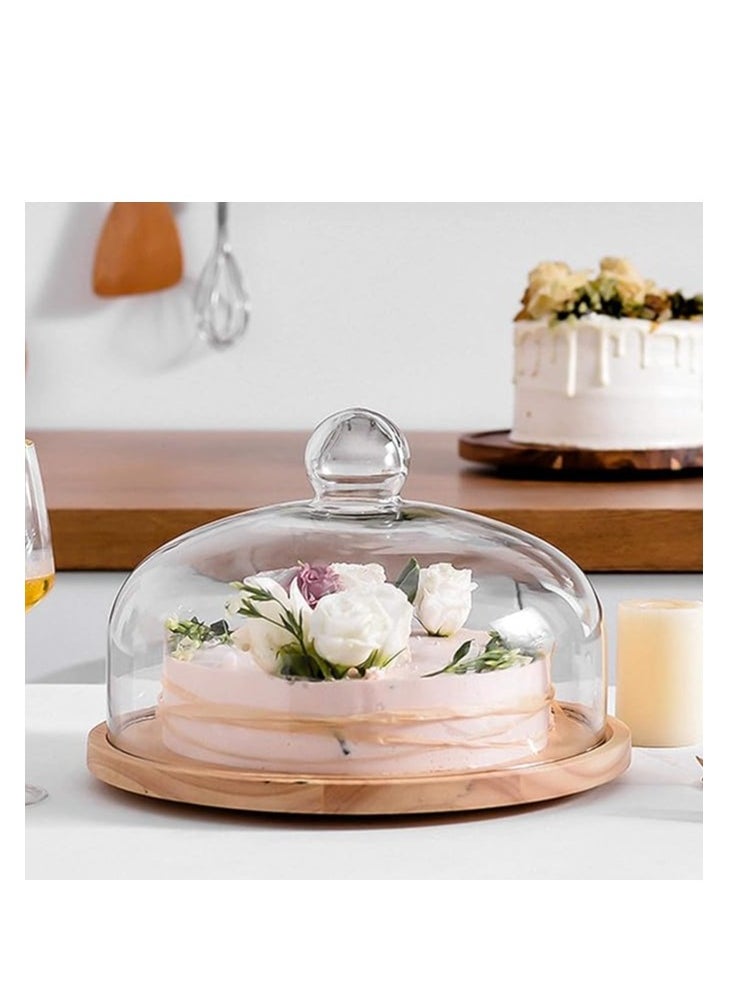 Rotating Cake Stand with Glass Dome Lid – Acacia Wood Cake Holder Plate for Display, Ideal for Weddings, Birthday Parties & Baking Gifts