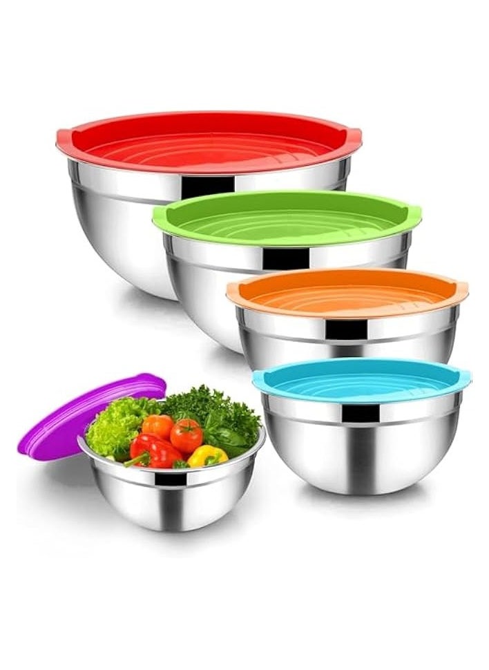 Stainless Steel Mixing Bowls with Airtight Lids, 5 Piece Nesting Salad Bowls for Space-Saving Storage, Metal Serving Bowl for Kitchen Baking/Cooking/Prepping