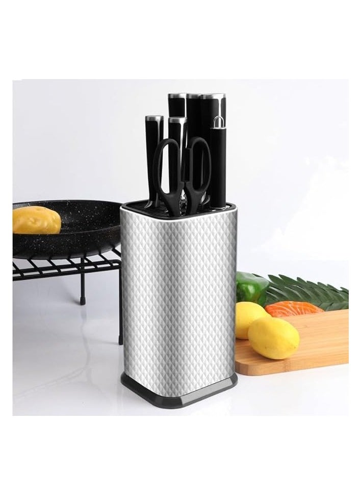 Universal Knife Block Without Knives with Extra Slots for Scissors & Sharpening Rod, Rustproof Stainless Steel Kitchen Knife Holder