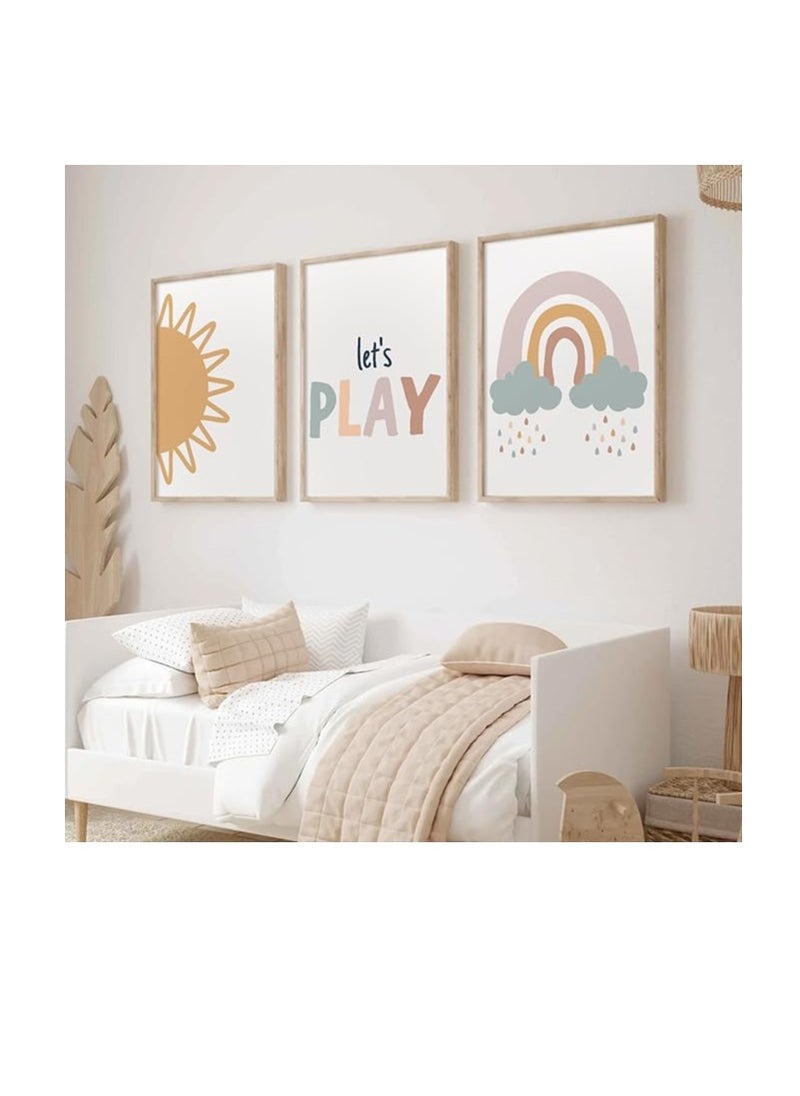 Playroom Nursery Wall Art Decor Add a delightful touch to your child's space with our Playroom Nursery Wall Art Decor. Designed with a charming boho rainbow theme, this set is perfect for creating a warm and inspiring atmosphere in your nursery, kids' room, or playroom.