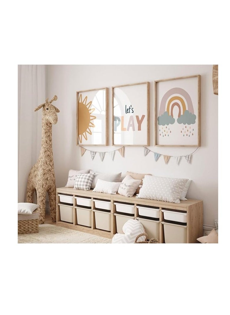 Playroom Nursery Wall Art Decor Add a delightful touch to your child's space with our Playroom Nursery Wall Art Decor. Designed with a charming boho rainbow theme, this set is perfect for creating a warm and inspiring atmosphere in your nursery, kids' room, or playroom.