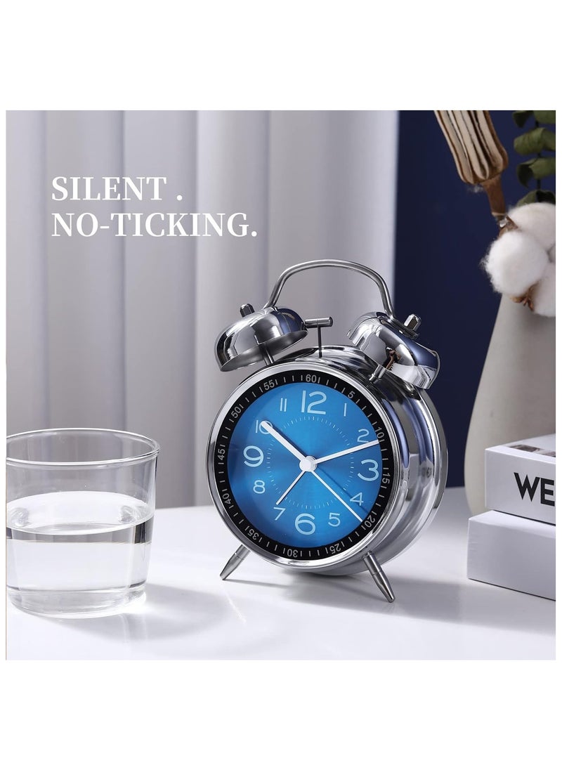 Analog Loud Alarm Clock with Backlight,Battery Operated,Silent Non Ticking,for Heavy Sleepers,Bedrooms,Bedside Table, 4inches Twin Bell Extra Retro Decorative Desk Clocks. (Blue)