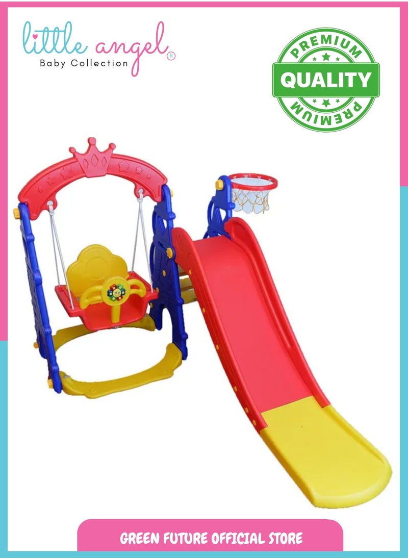 Kids Slide and Swing Set with Basketball Hoop - Multi-Functional Play Area for Toddlers, Indoor & Outdoor Activity Set, Portable Baby Playset