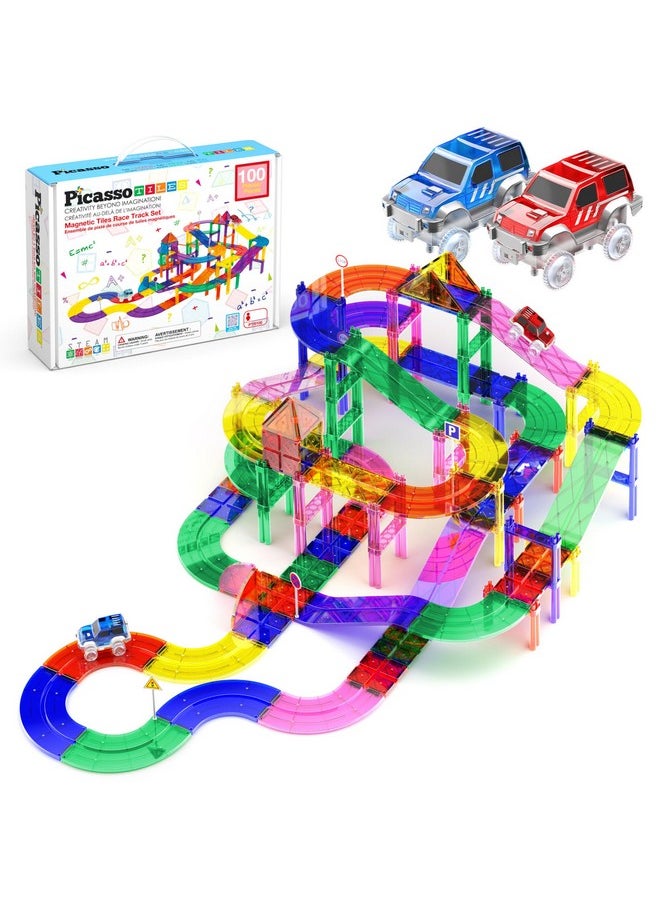 100 Pcs Race Car Track Set Magnetic Toy Building Block With 2 Led Cars With Height Adjustable Roads Signs Education Stem Building Kit Learning Construction Fun For Boys & Girls Ages 3+