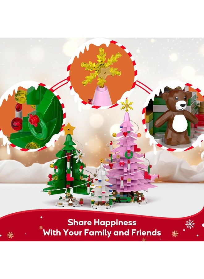 Pink Christmas Tree Building Set, Christmas Tree Building Toy With Led Lights, Compatible With Lego, Xmas Holiday Decoration Gift With Train And Snowflake For Kids And Adults, New In 2024 (734 Pcs)