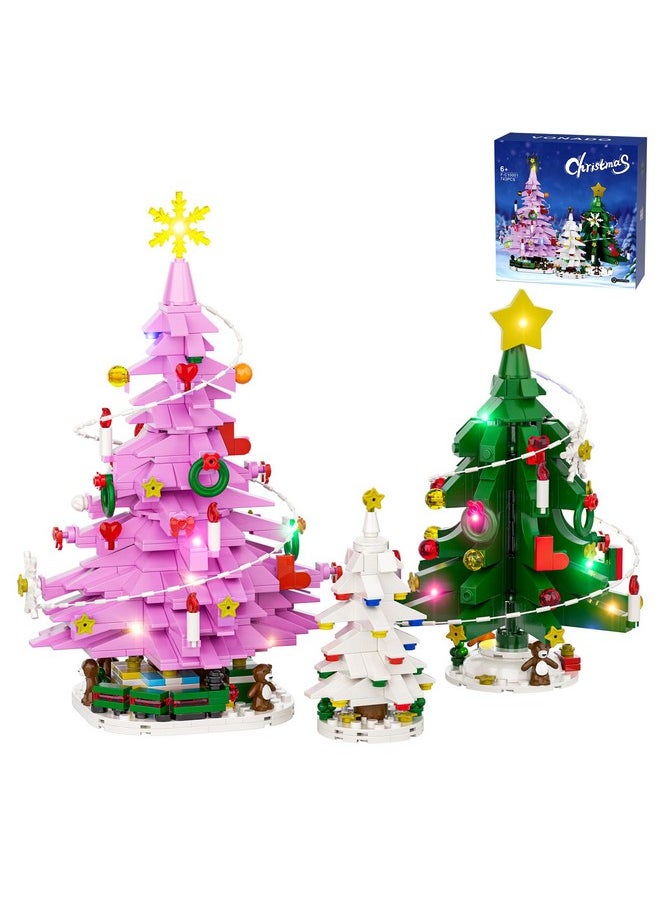 Pink Christmas Tree Building Set, Christmas Tree Building Toy With Led Lights, Compatible With Lego, Xmas Holiday Decoration Gift With Train And Snowflake For Kids And Adults, New In 2024 (734 Pcs)