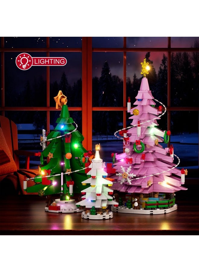 Pink Christmas Tree Building Set, Christmas Tree Building Toy With Led Lights, Compatible With Lego, Xmas Holiday Decoration Gift With Train And Snowflake For Kids And Adults, New In 2024 (734 Pcs)
