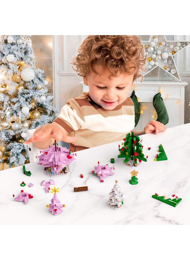 Pink Christmas Tree Building Set, Christmas Tree Building Toy With Led Lights, Compatible With Lego, Xmas Holiday Decoration Gift With Train And Snowflake For Kids And Adults, New In 2024 (734 Pcs)