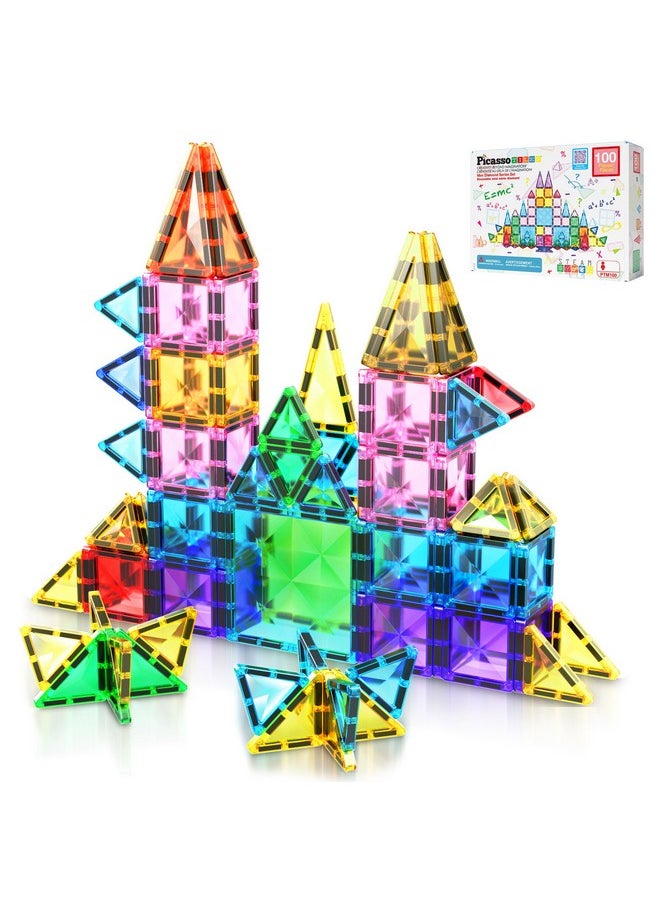 100 Pieces Magnetic Tiles Building Blocks Mini Size Diamond Series Magnet Toys Travel Size On-The-Go Construction Sensory Toys Gifts Educational Set Stem Learning Kit Playset Ptm100