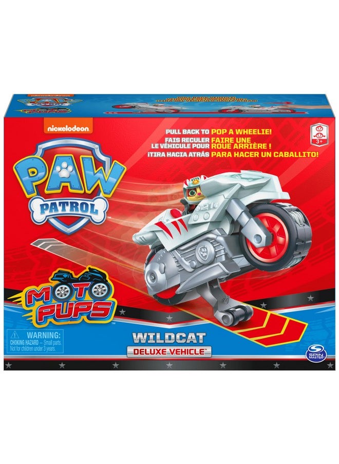 Paw Patrol, Moto Pups Wildcat’s Deluxe Pull Back Motorcycle Vehicle with Wheelie Feature and Toy Figure