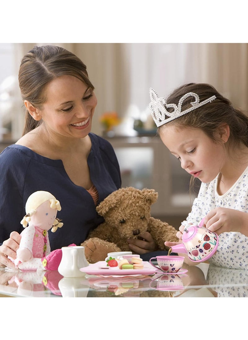 Pink Tea Set for Little Girls - Flower Design Kids Tea Party Set, Princess Teapot & Dishes, Pretend Play Kitchen Toy for Girls