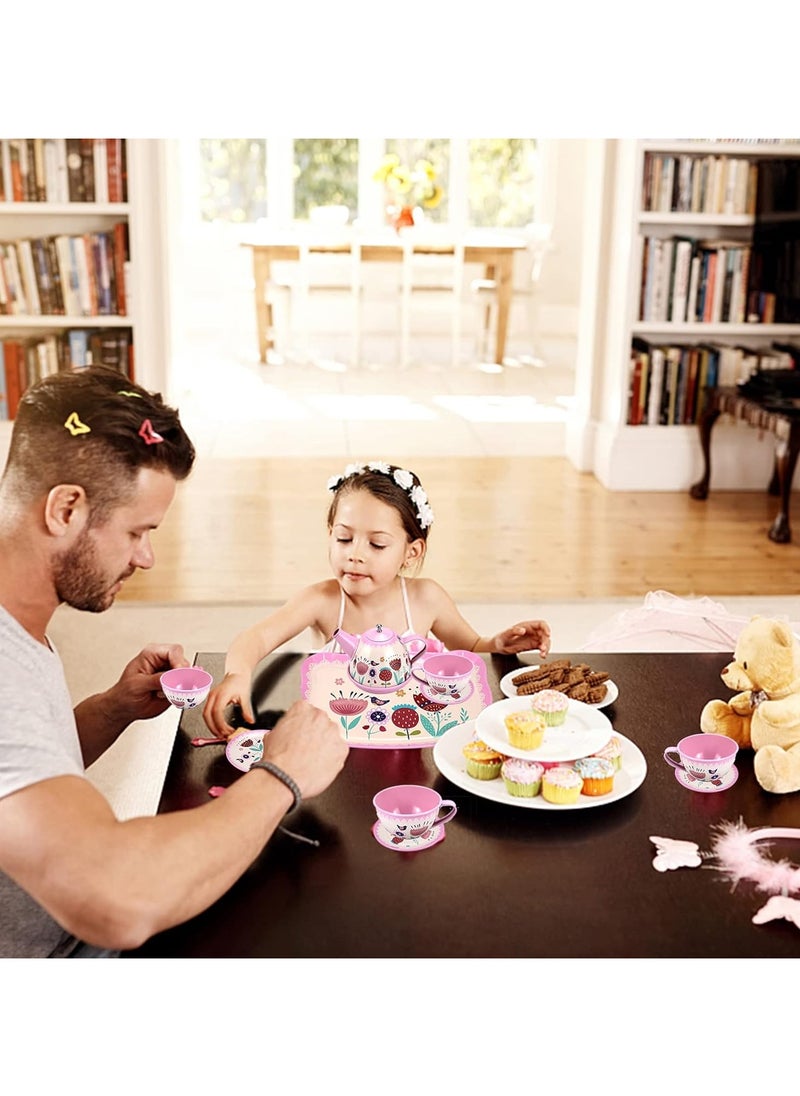 Pink Tea Set for Little Girls - Flower Design Kids Tea Party Set, Princess Teapot & Dishes, Pretend Play Kitchen Toy for Girls